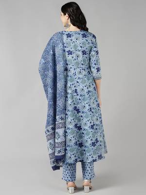 blue color printed pure cotton styles kurta trouser with dupatta 4