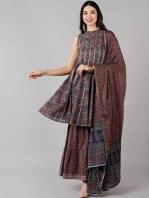 blue color printed pure cotton styles kurta sharara with dupatta 1