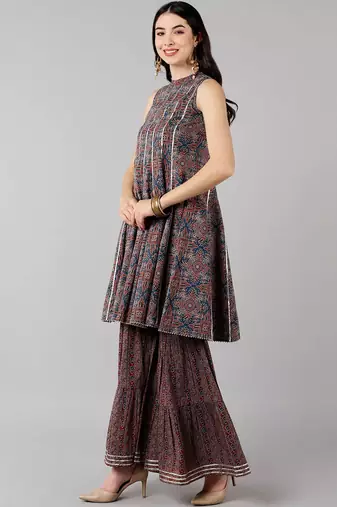 blue color printed pure cotton styles kurta sharara with dupatta