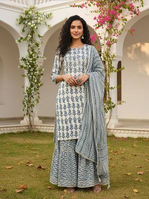 off white color embroidered pure cotton styles kurta sharara with dupatta 1