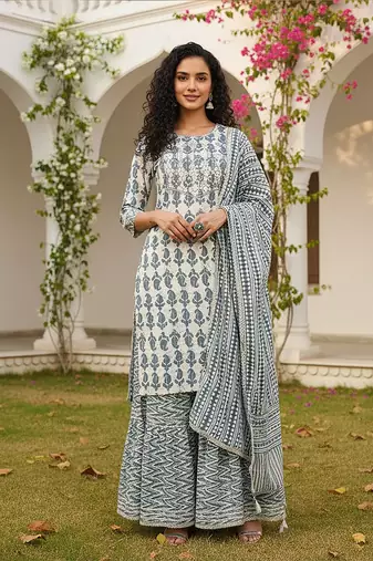 off white color embroidered pure cotton styles kurta sharara with dupatta