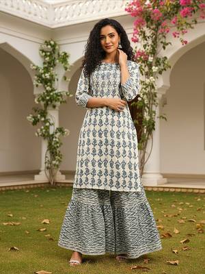 off white color embroidered pure cotton styles kurta sharara with dupatta 3