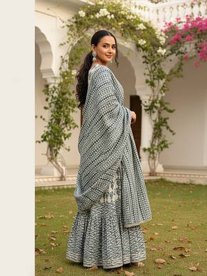 off white color embroidered pure cotton styles kurta sharara with dupatta 4