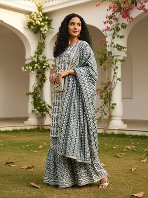 off white color embroidered pure cotton styles kurta sharara with dupatta 5