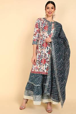 white color printed pure cotton styles kurta sharara with dupatta 1