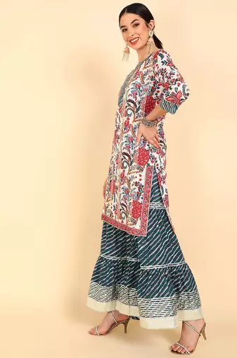 white color printed pure cotton styles kurta sharara with dupatta