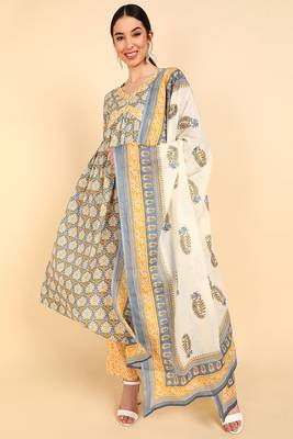 blue color printed pure cotton styles kurta trouser with dupatta 1