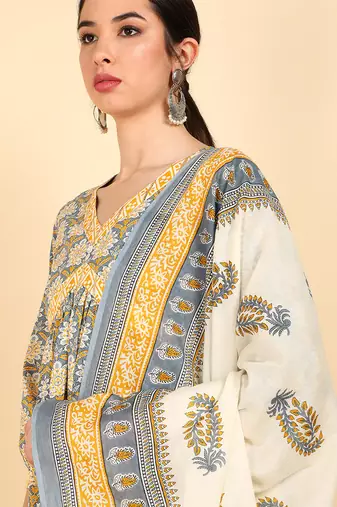 blue color printed pure cotton styles kurta trouser with dupatta