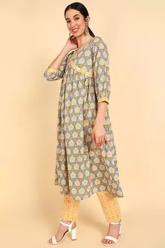 blue color printed pure cotton styles kurta trouser with dupatta