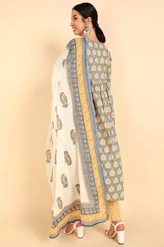 blue color printed pure cotton styles kurta trouser with dupatta