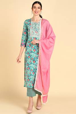 sea green color embroidered pure cotton styles kurta trouser with dupatta 1