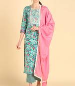 sea green color embroidered pure cotton styles kurta trouser with dupatta