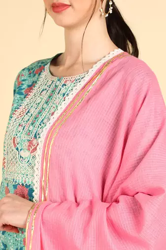 sea green color embroidered pure cotton styles kurta trouser with dupatta