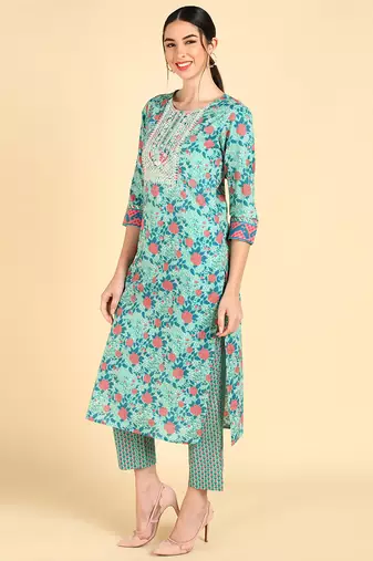 sea green color embroidered pure cotton styles kurta trouser with dupatta