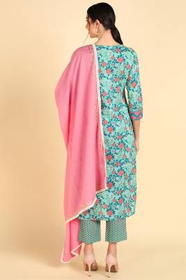 sea green color embroidered pure cotton styles kurta trouser with dupatta 4