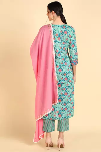 sea green color embroidered pure cotton styles kurta trouser with dupatta