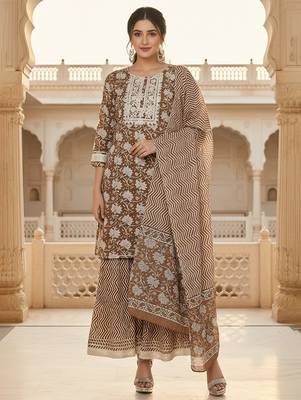 beige color embroidered pure cotton styles kurta sharara with dupatta 1