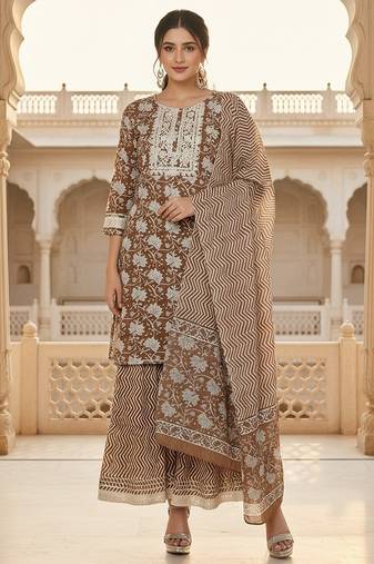 beige color embroidered pure cotton styles kurta sharara with dupatta