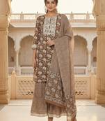 beige color embroidered pure cotton styles kurta sharara with dupatta