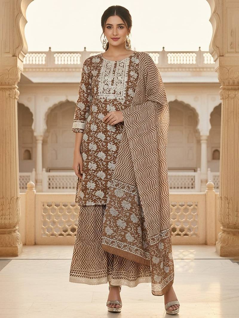 beige color embroidered pure cotton styles kurta sharara with dupatta