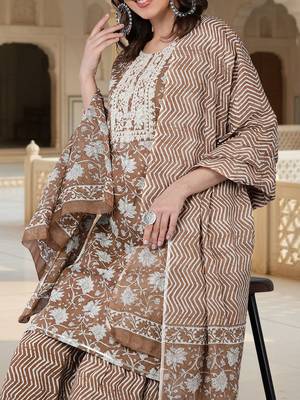 beige color embroidered pure cotton styles kurta sharara with dupatta 2
