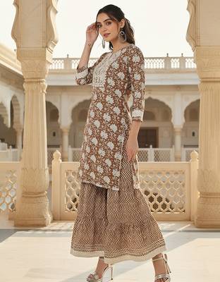 beige color embroidered pure cotton styles kurta sharara with dupatta 3