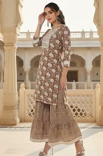 beige color embroidered pure cotton styles kurta sharara with dupatta