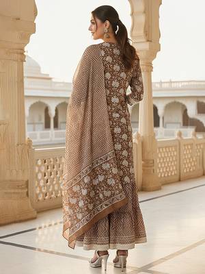 beige color embroidered pure cotton styles kurta sharara with dupatta 4