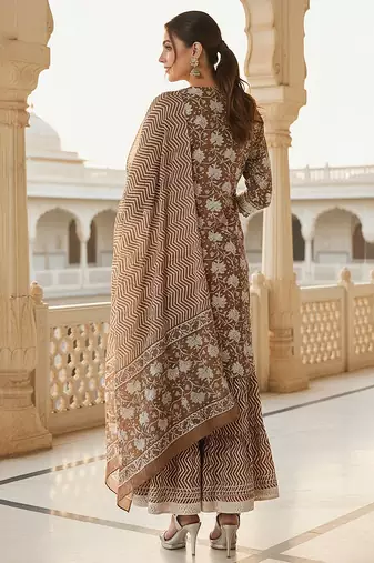 beige color embroidered pure cotton styles kurta sharara with dupatta