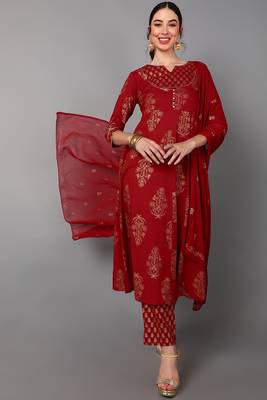 maroon color printed pure cotton styles kurta trouser with dupatta 1