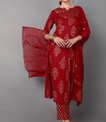 maroon color printed pure cotton styles kurta trouser with dupatta