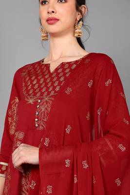 maroon color printed pure cotton styles kurta trouser with dupatta 2