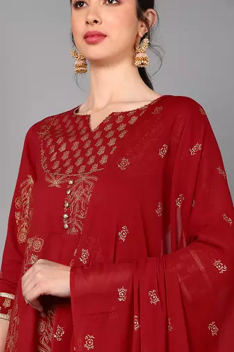 maroon color printed pure cotton styles kurta trouser with dupatta