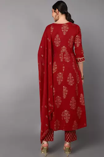 maroon color printed pure cotton styles kurta trouser with dupatta