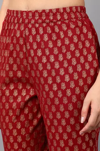 maroon color printed pure cotton styles kurta trouser with dupatta