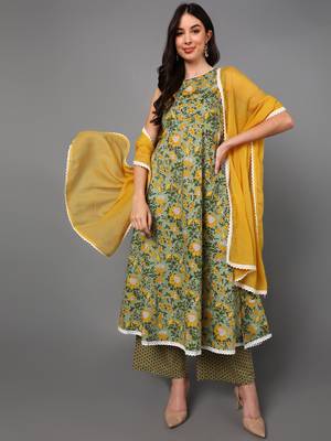 green color printed pure cotton styles kurta palazzo with dupatta 1