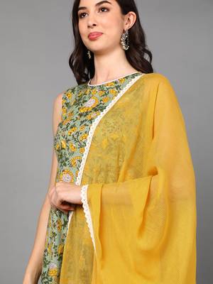 green color printed pure cotton styles kurta palazzo with dupatta 2