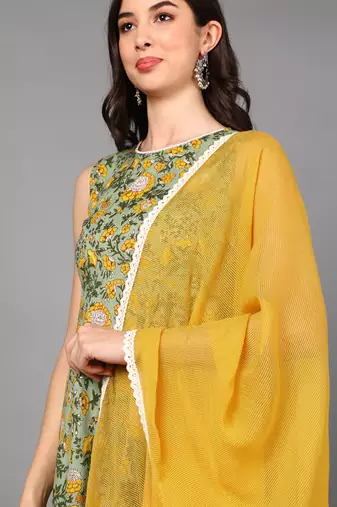 green color printed pure cotton styles kurta palazzo with dupatta