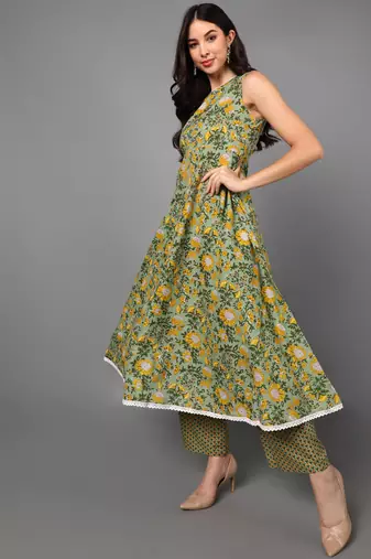 green color printed pure cotton styles kurta palazzo with dupatta
