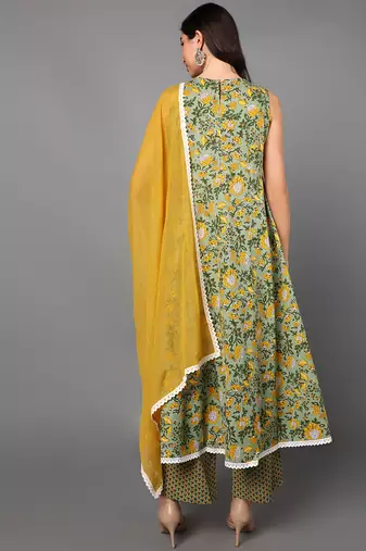 green color printed pure cotton styles kurta palazzo with dupatta