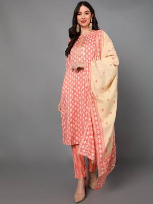 pink color printed pure cotton styles kurta trouser with dupatta 1