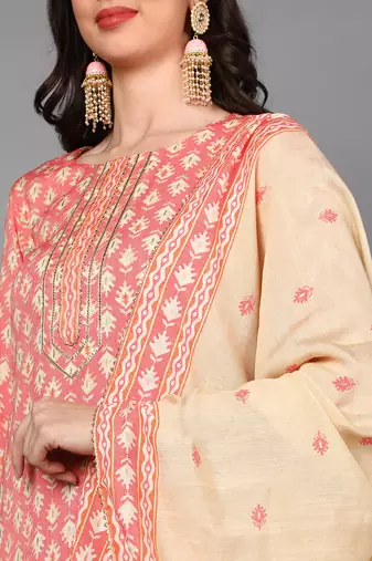 pink color printed pure cotton styles kurta trouser with dupatta