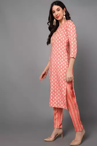 pink color printed pure cotton styles kurta trouser with dupatta