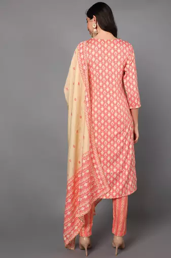 pink color printed pure cotton styles kurta trouser with dupatta