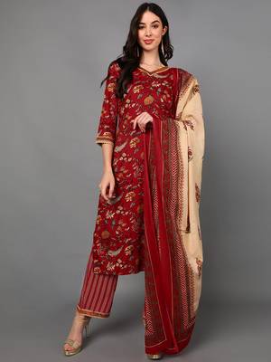red color printed pure cotton styles kurta trouser with dupatta 1