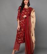 red color printed pure cotton styles kurta trouser with dupatta