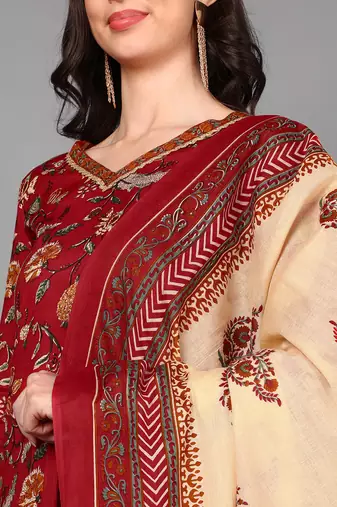 red color printed pure cotton styles kurta trouser with dupatta