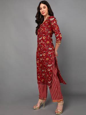red color printed pure cotton styles kurta trouser with dupatta 3
