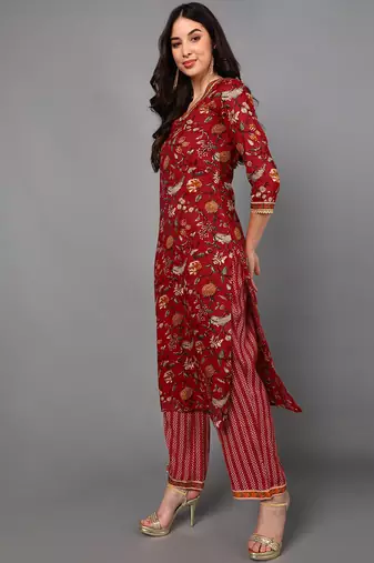 red color printed pure cotton styles kurta trouser with dupatta