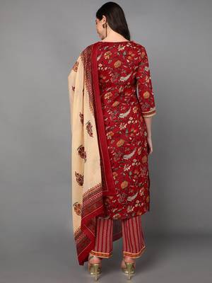 red color printed pure cotton styles kurta trouser with dupatta 4